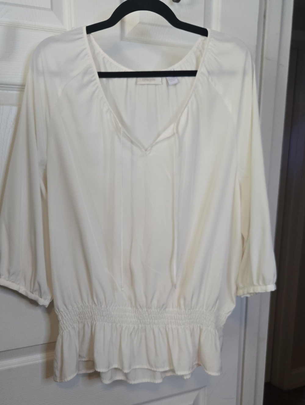 Chico's Cream V-Neck Peasant Top with Smocked Waist